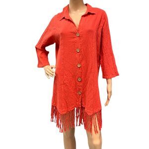 SEA BREEZE of California USA Cotton Top Tunic Fringe Asymmetrical ORANGE Sz S